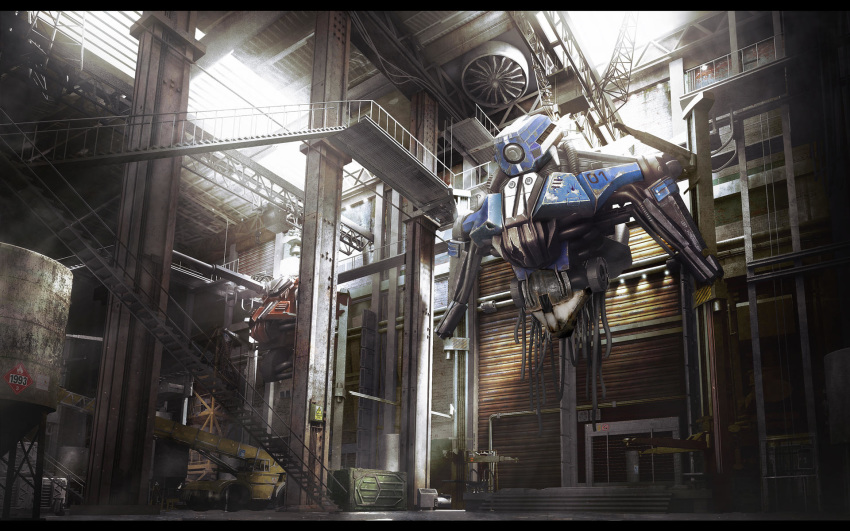 abandoned concept_art damaged english_commentary hangar highres looking_down mecha no_humans official_art one-eyed retrolin robot scenery science_fiction the_surge