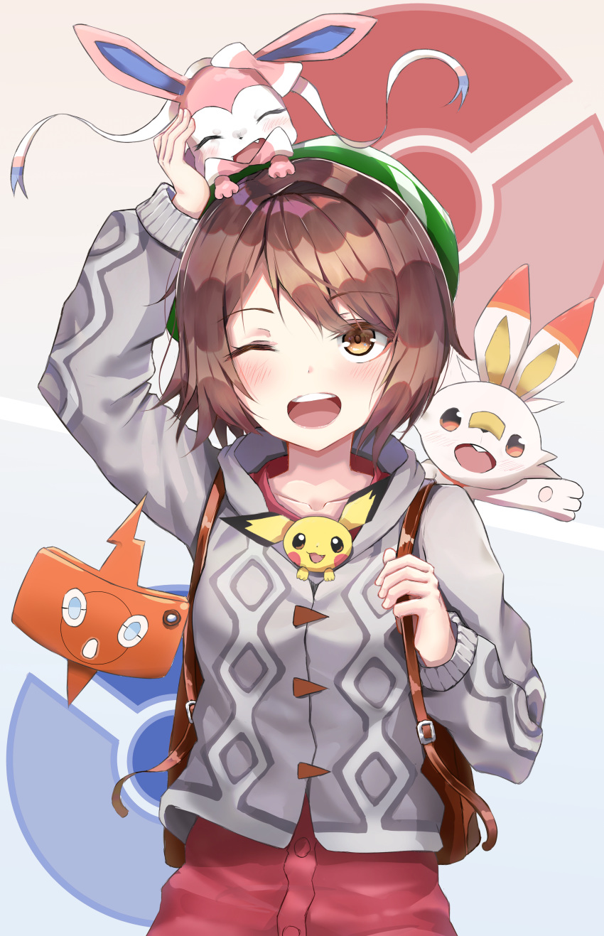 1girl absurdres backpack bag blush bob_cut brown_backpack brown_eyes brown_hair buttons cardigan commentary dress gen_2_pokemon gen_4_pokemon gen_6_pokemon gen_8_pokemon gloria_(pokemon) green_headwear grey_cardigan hat highres holding_strap kerno looking_up on_head one_eye_closed open_mouth pichu pink_dress pokemon pokemon_(creature) pokemon_(game) pokemon_on_head pokemon_swsh rotom rotom_phone scorbunny short_hair sylveon tam_o'_shanter teeth tongue