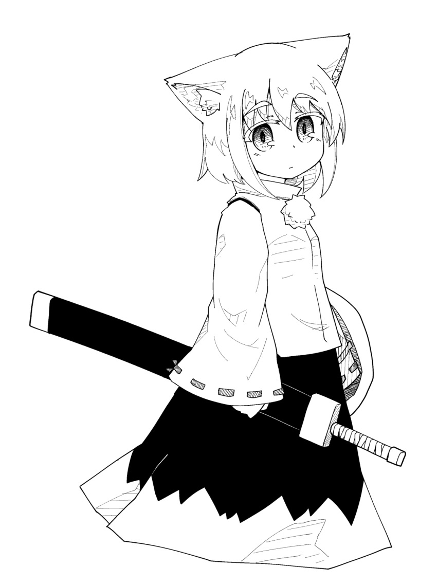 1girl animal_ear_fluff animal_ears black_skirt commentary_request cowboy_shot cropped_legs greyscale highres holding holding_shield inubashiri_momiji kibisake long_sleeves looking_at_viewer monochrome pom_pom_(clothes) shield shirt short_hair simple_background skirt solo sword touhou weapon white_background white_shirt wide_sleeves wolf_ears