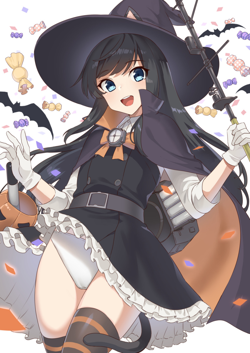 1girl animal_ears asashio_(kantai_collection) bat belt black_belt black_dress black_hair black_legwear blue_eyes candy cape cat_ears cat_tail dress dress_lift food gloves halloween hat highres kantai_collection long_hair long_sleeves mizuki_eiru_(akagi_kurage) open_mouth panties petticoat pinafore_dress school_uniform shirt smile solo striped striped_legwear tail thigh-highs torpedo_launcher underwear white_gloves white_panties white_shirt witch_hat