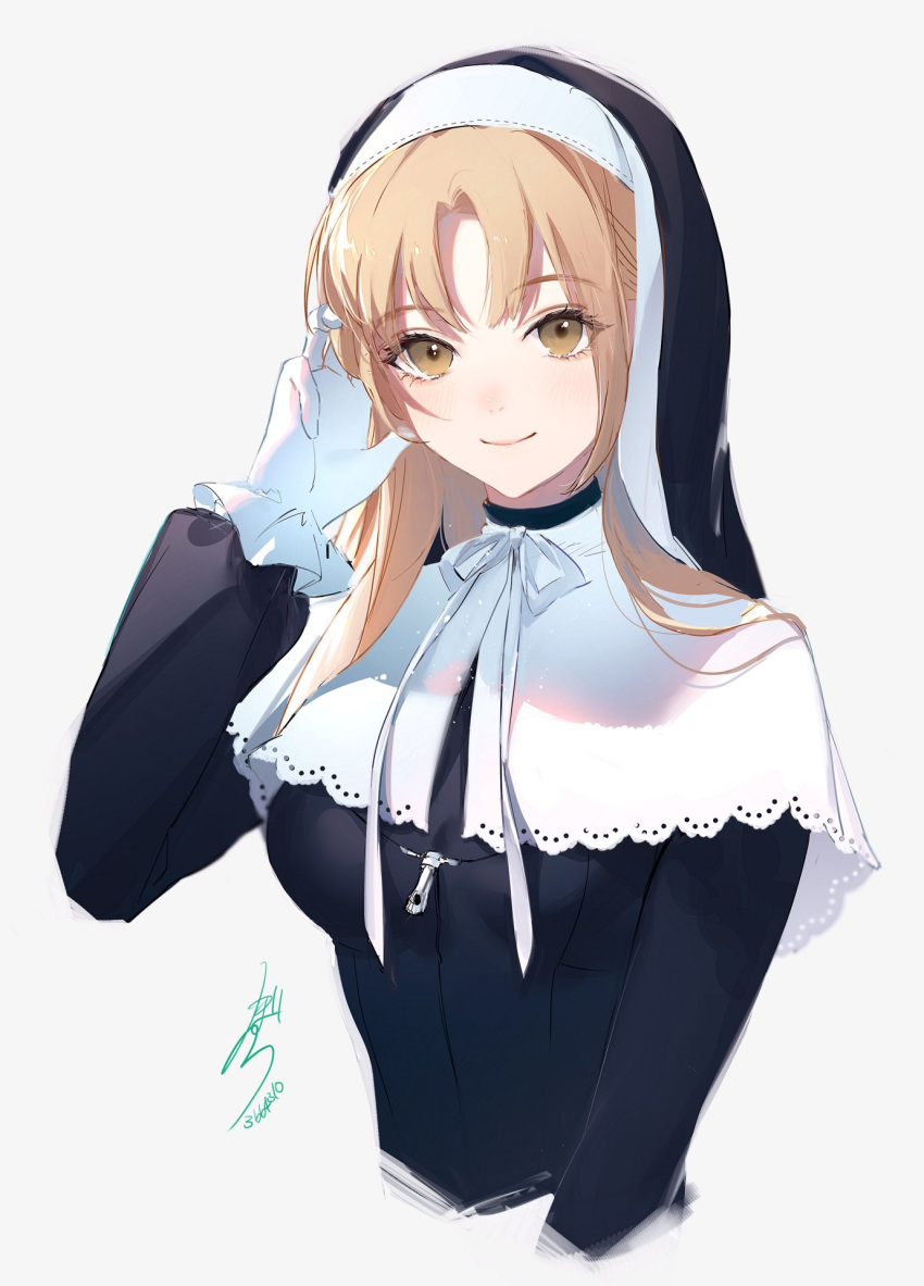 1girl black_dress blonde_hair breasts capelet closed_mouth cropped_torso dress eyebrows_visible_through_hair gloves habit highres hoojiro large_breasts long_sleeves looking_at_viewer neck_ribbon nijisanji nun ribbon signature simple_background sister_cleaire smile solo upper_body veil white_background white_capelet white_gloves white_neckwear white_ribbon yellow_eyes