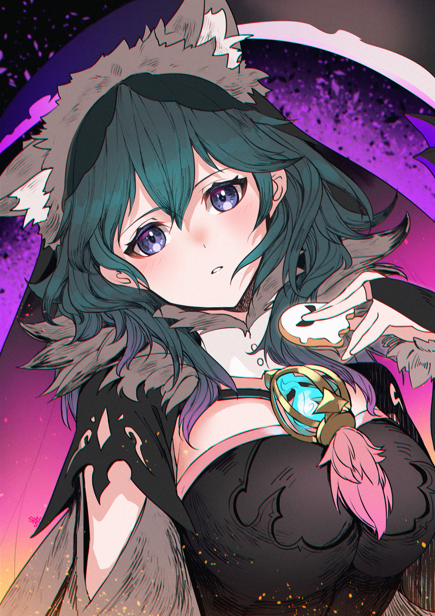 1girl animal_ears blue_eyes blue_hair blush breasts bridal_gauntlets byleth_(fire_emblem) byleth_eisner_(female) byleth_eisner_(female) commentary_request cookie cute eyebrows_visible_through_hair fake_animal_ears female_my_unit_(fire_emblem:_three_houses) fire_emblem fire_emblem:_three_houses fire_emblem:_three_houses fire_emblem_16 fire_emblem_heroes food gem hair_between_eyes halloween highres holding holding_cookie holding_food intelligent_systems large_breasts long_hair looking_at_viewer moe my_unit_(fire_emblem:_three_houses) nakabayashi_zun nintendo parted_lips solo teeth wolf_ears