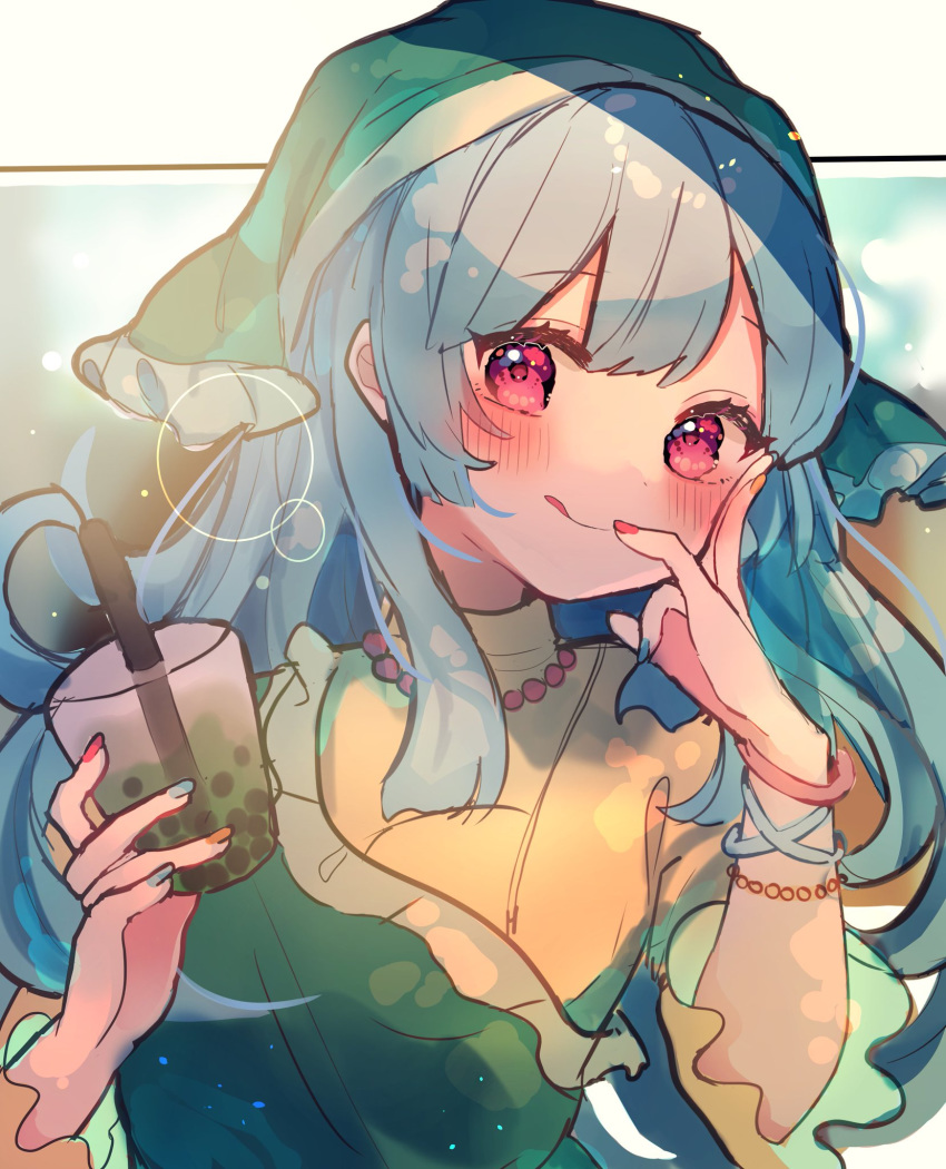 1girl :q bangle blue_hair blush bracelet bubble_tea chikuwa_(tikuwaumai_) commentary_request cup dress eyebrows_visible_through_hair finger_to_mouth green_dress green_headwear hair_scarf hand_on_own_cheek haniyasushin_keiki highres holding holding_cup jewelry lens_flare long_hair looking_at_viewer multicolored multicolored_nails necklace pearl_necklace pink_eyes shirt sidelocks smile solo tongue tongue_out touhou upper_body yellow_shirt