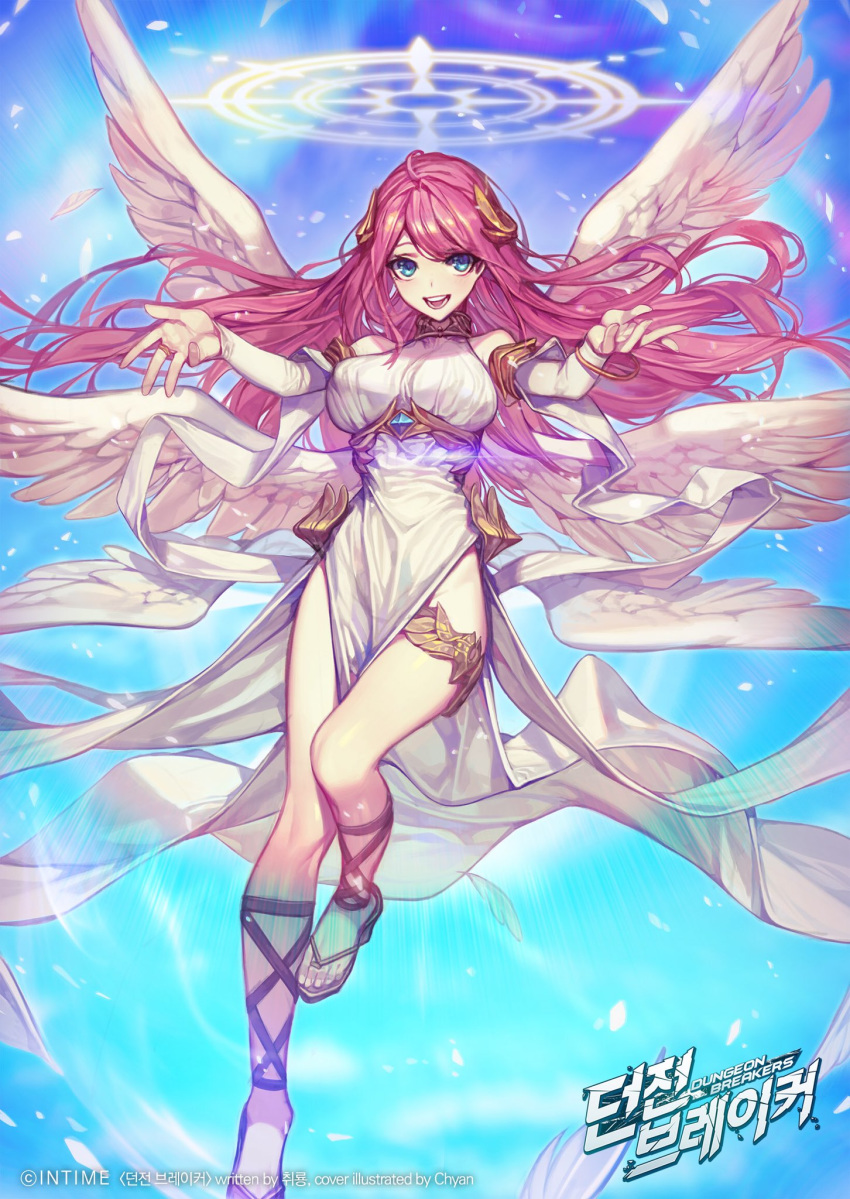 1girl :d angel_wings blue_background blue_eyes bracelet chyan copyright_name detached_sleeves dress dungeon_breakers feathered_wings floating_hair halo highres jewelry logo long_dress long_hair long_sleeves looking_at_viewer multiple_wings official_art open_mouth outstretched_arms pelvic_curtain pink_hair sandals seraph smile solo spread_arms spread_wings thighlet toenails watermark white_dress white_wings wings