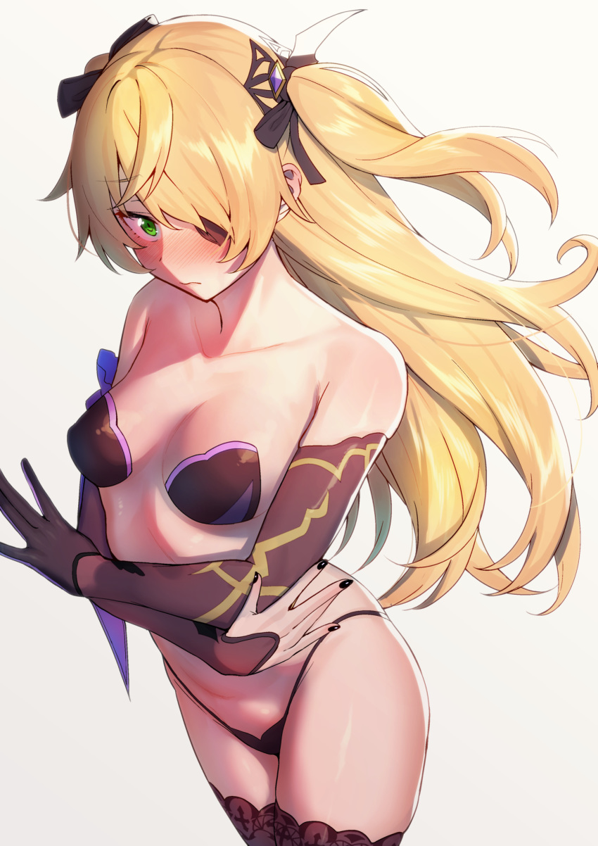 1girl amano_don bare_shoulders bikini black_bikini black_gloves black_legwear black_nails blonde_hair breasts closed_mouth collarbone cowboy_shot detached_sleeves eyepatch fischl_(genshin_impact) genshin_impact gloves green_eyes hair_ornament hair_over_one_eye highleg highleg_bikini highres long_hair looking_at_viewer nail_polish simple_background single_glove small_breasts solo string_bikini swimsuit thigh-highs two_side_up very_long_hair white_background