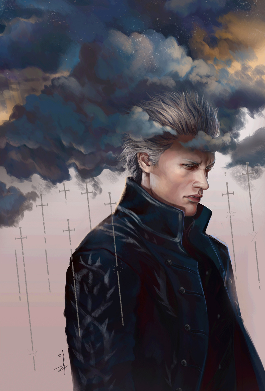 1boy absurdres black_vest blue_coat closed_mouth clouds coat commentary devil_may_cry_5 frown grey_eyes highres lizzart-zardonicz looking_away male_focus short_hair signature silver_hair solo trench_coat upper_body vergil vest