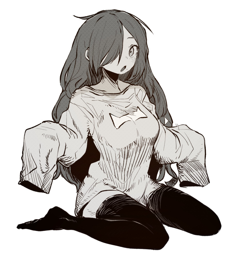 1girl ddari greyscale hair_over_one_eye highres long_hair long_sleeves looking_at_viewer monochrome no_shoes one_eye_covered original simple_background sitting sleeves_past_fingers sleeves_past_wrists solo thigh-highs wariza white_background