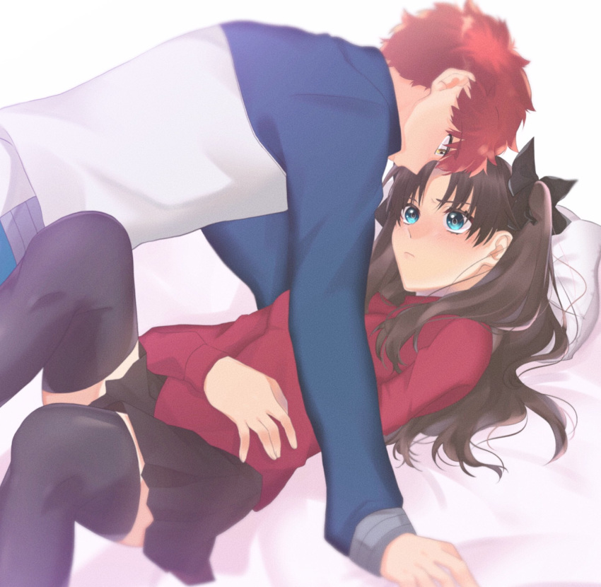 1boy 1girl black_hair black_legwear black_skirt blue_eyes blush emiya_shirou fate/stay_night fate_(series) highres long_hair long_sleeves miniskirt redhead short_hair skirt thigh-highs thighs tohsaka_rin toutou_(fufu0o) twintails two_side_up yellow_eyes