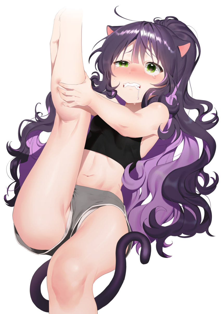 1girl absurdres animal_ears bare_arms bare_legs blush cat_ears cat_girl cat_tail clenched_teeth crop_top drooling green_eyes highres leg_up long_hair lying midriff multicolored_hair nose_blush on_back original pain panties ponytail purple_hair rubyaano_(ducl323) simple_background sleeveless solo tail tears teeth two-tone_hair underwear uneven_eyes white_background white_panties