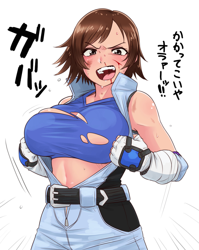 1girl blood blood_on_face breasts brown_eyes brown_hair cuts fingerless_gloves gloves highres injury kazama_asuka large_breasts looking_at_viewer open_mouth short_hair solo tekken torn_clothes tsubasa_(godbardtsubasa) v-shaped_eyebrows