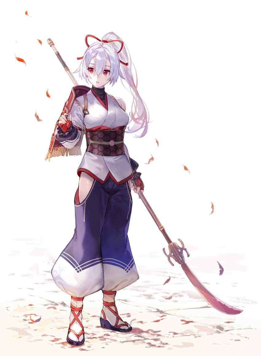 1girl armor asymmetrical_armor autumn_leaves blue_hakama fate/grand_order fate_(series) fingerless_gloves gloves hair_between_eyes hair_ribbon hakama highres hip_vent japanese_armor japanese_clothes kimono long_hair mitsudomoe_(shape) naginata obi polearm ponytail red_eyes red_gloves red_ribbon ribbon sandals sash shirabi shoulder_armor silver_hair sode tabi tomoe_(symbol) tomoe_gozen_(fate/grand_order) weapon white_background white_kimono white_legwear