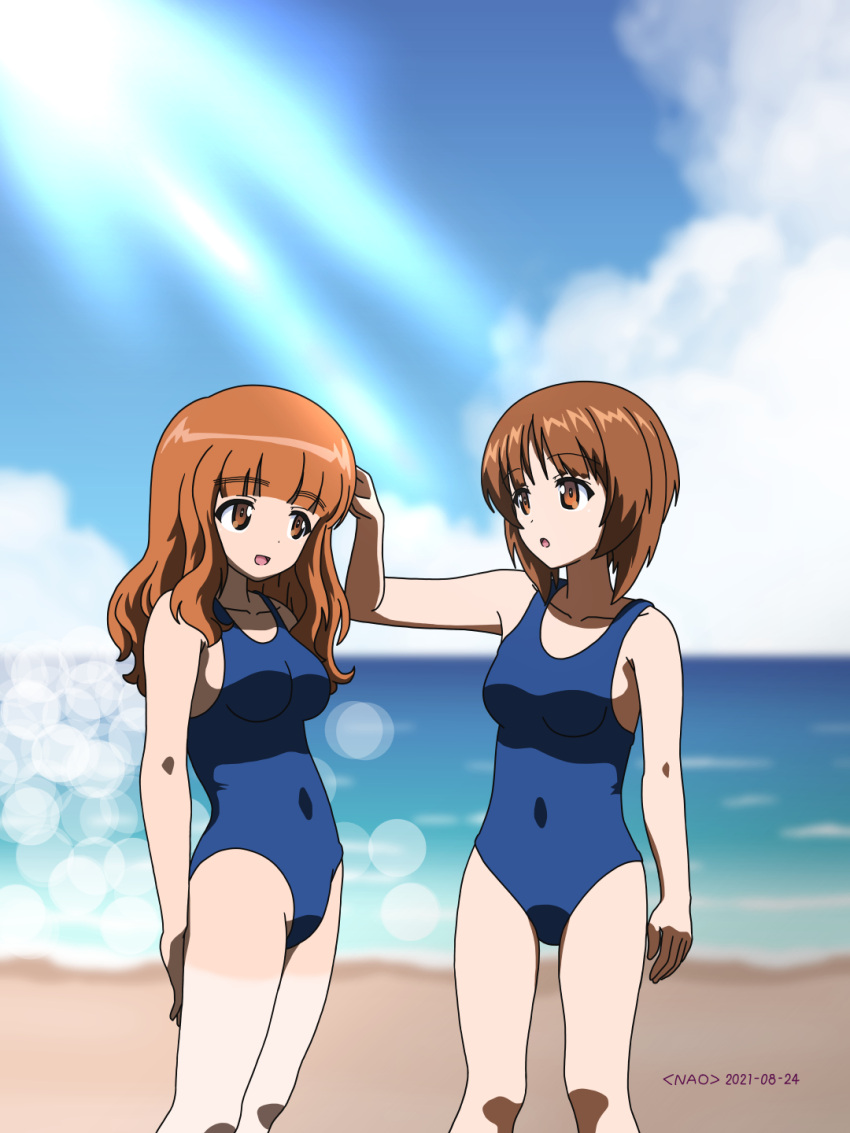 2girls artist_name bangs beach blue_swimsuit blunt_bangs blurry blurry_background bokeh brown_eyes brown_hair clouds cloudy_sky commentary dated day depth_of_field eyebrows_visible_through_hair girls_und_panzer hand_in_another's_hair highres horizon long_hair looking_at_another multiple_girls naotosi nishizumi_miho ocean one-piece_swimsuit open_mouth orange_eyes orange_hair outdoors school_swimsuit short_hair sky smile standing swimsuit takebe_saori tan tanlines