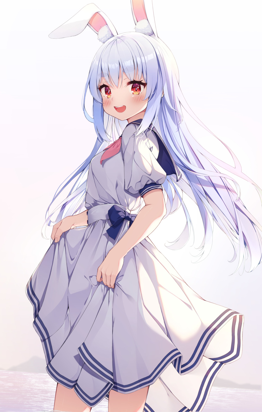 1girl :d absurdres alternate_hairstyle animal_ear_fluff animal_ears bangs blue_bow blue_hair blue_sailor_collar blush bow bunny_girl commentary_request day dress eyebrows_visible_through_hair feet_out_of_frame from_side hair_down highres hololive keis_(locrian1357) long_hair looking_at_viewer looking_to_the_side open_mouth outdoors pink_neckwear puffy_short_sleeves puffy_sleeves rabbit_ears red_eyes sailor_collar sailor_dress short_sleeves skirt_hold smile solo standing sunlight thick_eyebrows usada_pekora very_long_hair virtual_youtuber water white_dress