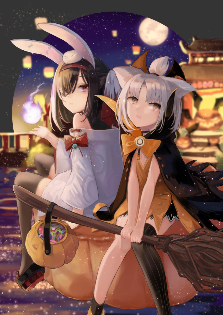 2girls animal_ears ankle_socks asymmetrical_legwear azur_lane bare_shoulders black_cape black_legwear black_ribbon black_skirt broom broom_riding candy cape dress eyebrows_visible_through_hair fake_animal_ears fire flame food gem hair_over_one_eye hands_on_own_knees headband hemorina high_collar highres lantern looking_at_another moon multiple_girls night night_sky orange_dress orange_eyes orange_ribbon pumpkin rabbit_ears red_eyes red_headband red_ribbon ribbon shiranui_(azur_lane) shouhou_(azur_lane) shouhou_(patrolling_witch)_(azur_lane) sitting sitting_on_object skirt sky sleeveless star_(sky) starry_sky sweater temple thigh-highs topknot