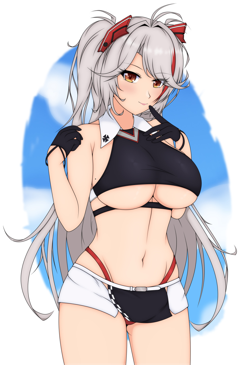 1girl absurdres azur_lane bare_shoulders belt black_gloves breasts clothing_cutout cropped_shirt eyebrows_visible_through_hair fnzz gloves grey_hair half_gloves headgear highres large_breasts long_hair looking_at_viewer mole mole_on_breast multicolored_hair official_alternate_costume panties prinz_eugen_(azur_lane) prinz_eugen_(final_lap)_(azur_lane) racequeen red_panties redhead simple_background solo standing streaked_hair two-tone_hair two-tone_skirt under_boob underboob_cutout underwear very_long_hair white_background white_belt