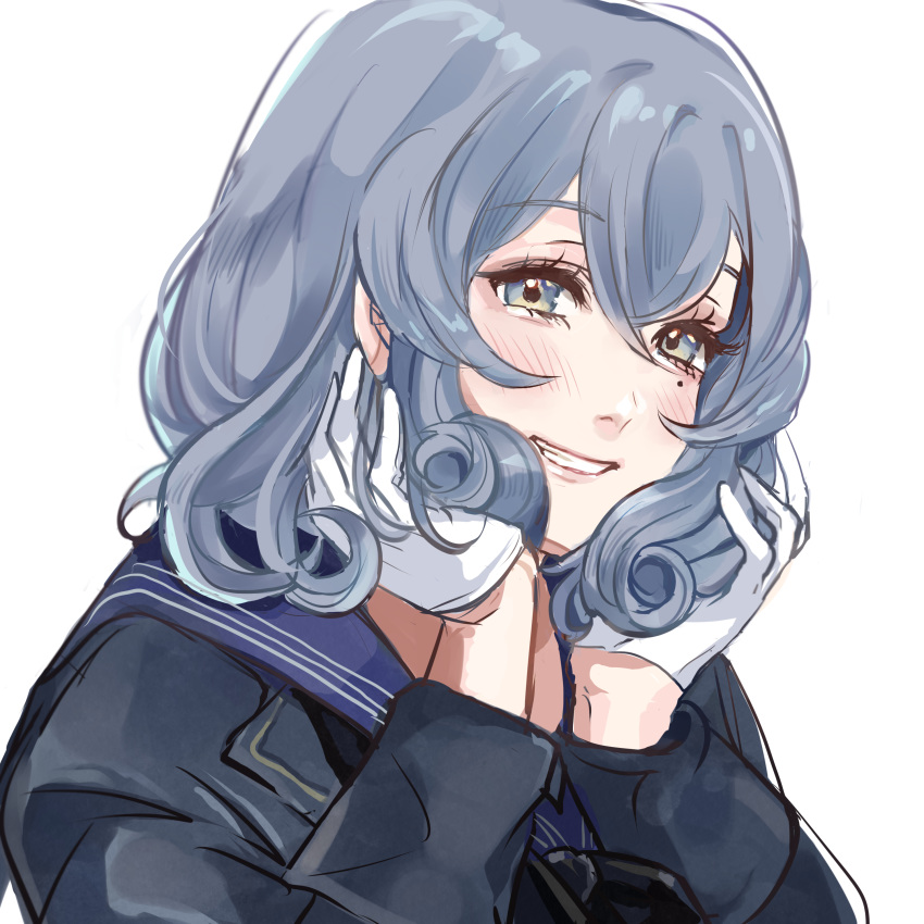 1girl absurdres alternate_hair_length alternate_hairstyle black_neckwear blue_hair blue_sailor_collar curly_hair gloves gotland_(kantai_collection) half_gloves hands_on_own_face highres kantai_collection knek long_hair looking_at_viewer military military_uniform mole mole_under_eye neckerchief sailor_collar short_hair simple_background solo uniform upper_body white_background