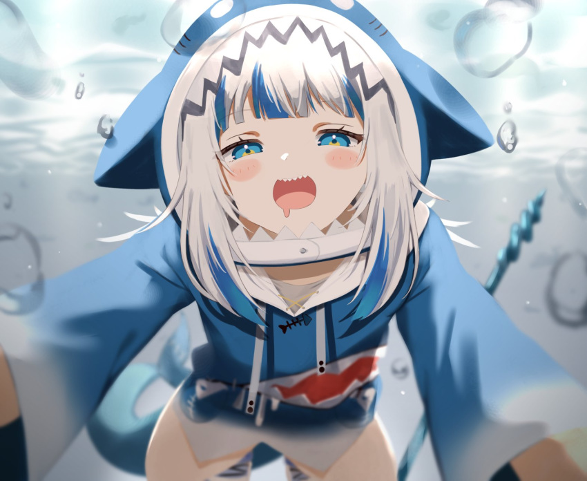 1girl animal_hood bangs blue_eyes blue_hair blue_hoodie blunt_bangs blurry blush blush_stickers bubble commentary depth_of_field drooling fangs gawr_gura half-closed_eyes highres hololive hololive_english hood looking_at_viewer medium_hair multicolored_hair nu_(naoyahirota61217010) open_mouth pov saliva shark_hood shark_tail sharp_teeth silver_hair smile solo streaked_hair tail teeth two-tone_hair underwater virtual_youtuber