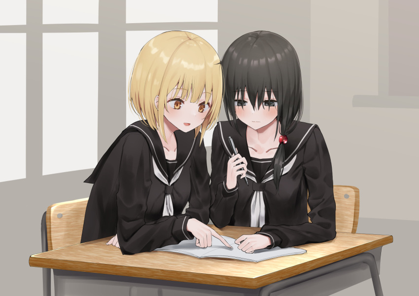 2girls bangs black_hair black_sailor_collar black_shirt blonde_hair blush brown_eyes chair closed_mouth collarbone commentary_request desk eyebrows_visible_through_hair grey_eyes hair_between_eyes hair_over_one_eye highres holding holding_pencil indoors long_hair long_sleeves mechanical_pencil multiple_girls neckerchief on_chair original pencil piripun pointing sailor_collar school_chair school_desk school_uniform serafuku shirt sitting smile wavy_mouth white_neckwear window