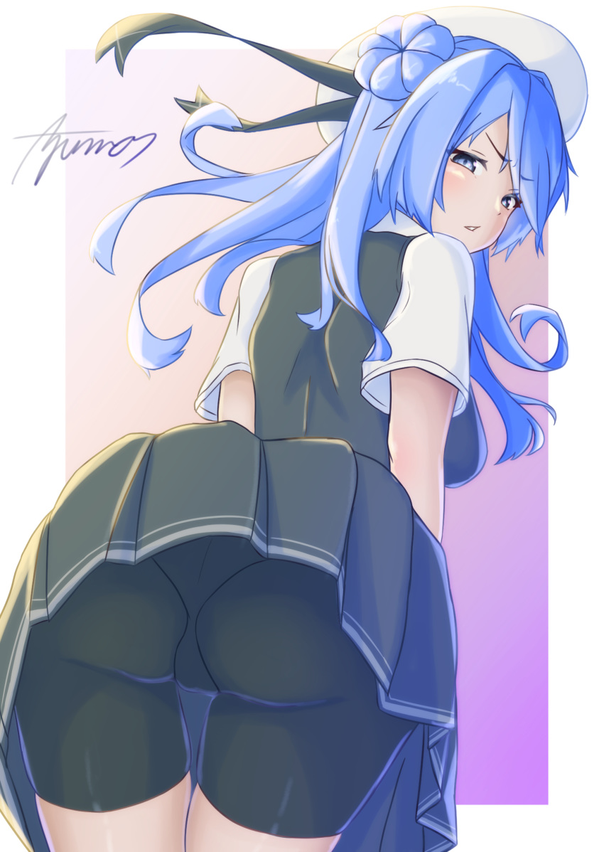 ass ayuman back bike_shorts blue_eyes blue_hair blush border breasts cosplay double_bun gradient gradient_background hat highres kagerou_(kantai_collection) kagerou_(kantai_collection)_(cosplay) kantai_collection looking_at_viewer looking_back medium_breasts pink_background sailor_hat school_uniform shirt short_sleeves shorts shorts_under_skirt signature skirt urakaze_(kantai_collection) vest white_border white_shirt