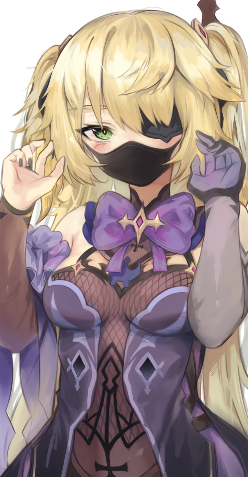 1girl absurdres arm_scrunchie bangs black_nails blonde_hair blush bow breasts dress elbow_gloves eyepatch facial_mask fischl_(genshin_impact) genshin_impact gloves green_eyes highres huge_filesize long_hair mask md5_mismatch medium_breasts mouth_mask nail_polish purple_bow purple_dress purple_neckwear revision scrunchie simple_background single_glove solo torriet two_side_up white_background