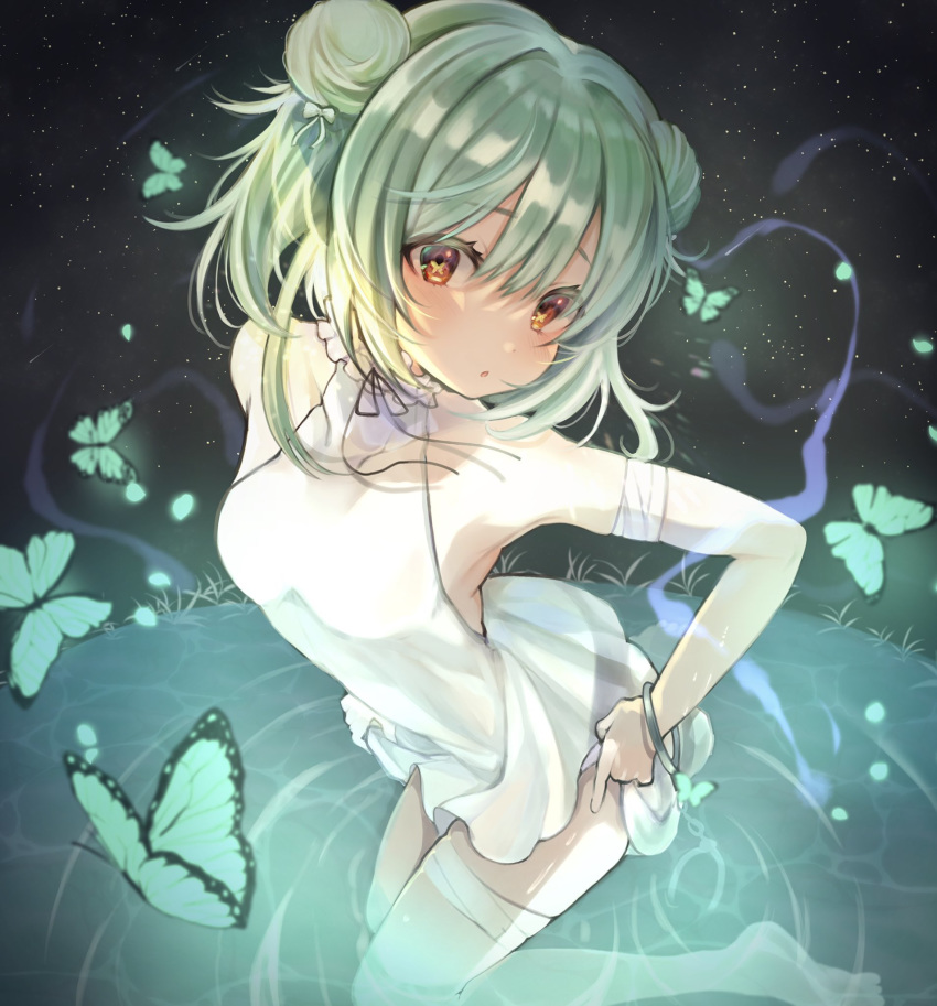 1girl alternate_costume bangs blush bug butterfly double_bun dress eyebrows_visible_through_hair green_hair hair_ornament highres hololive insect looking_at_viewer oimo_0imo red_eyes solo symbol-shaped_pupils uruha_rushia virtual_youtuber water white_dress