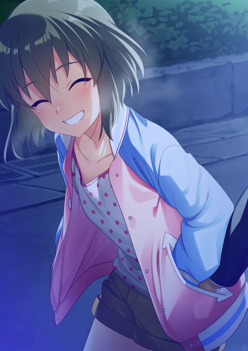 1girl absurdres breath closed_eyes commentary_request facing_viewer green_hair hand_in_another's_pocket hands_in_pockets highres idolmaster idolmaster_million_live! jacket letterman_jacket mikapoe nagayoshi_subaru night open_clothes open_jacket outdoors polka_dot polka_dot_shirt shirt short_hair shorts smile