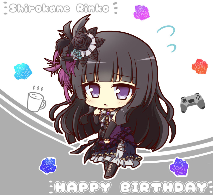 1girl bang_dream! bangs bare_shoulders black_dress black_footwear black_hair black_sleeves blunt_bangs blush boots character_name commentary_request cup detached_sleeves dress eyebrows_visible_through_hair feathers flower flying_sweatdrops frilled_dress frills full_body grey_background grey_ribbon hair_feathers hair_flower hair_ornament hand_up happy_birthday highres knee_boots long_hair looking_at_viewer parted_lips playstation_controller purple_dress rose shirokane_rinko sidelocks sleeveless sleeveless_dress solo standing teen_(teen629) two-tone_dress violet_eyes white_background