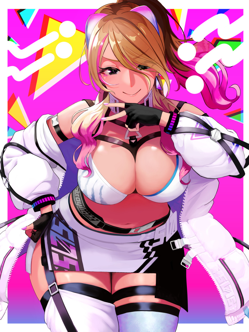 1girl absurdres artist_request belt bikini bikini_top black_eyes black_gloves breasts brown_hair coat commentary_request dark_skin fingerless_gloves garter_straps gloves gradient_hair gyaru highres idolmaster idolmaster_shiny_colors izumi_mei large_breasts long_hair looking_at_viewer midriff miniskirt multicolored_hair navel off_shoulder open_clothes open_coat pencil_skirt pink_nails ponytail skindentation skirt solo streaked_hair swimsuit thigh-highs white_coat