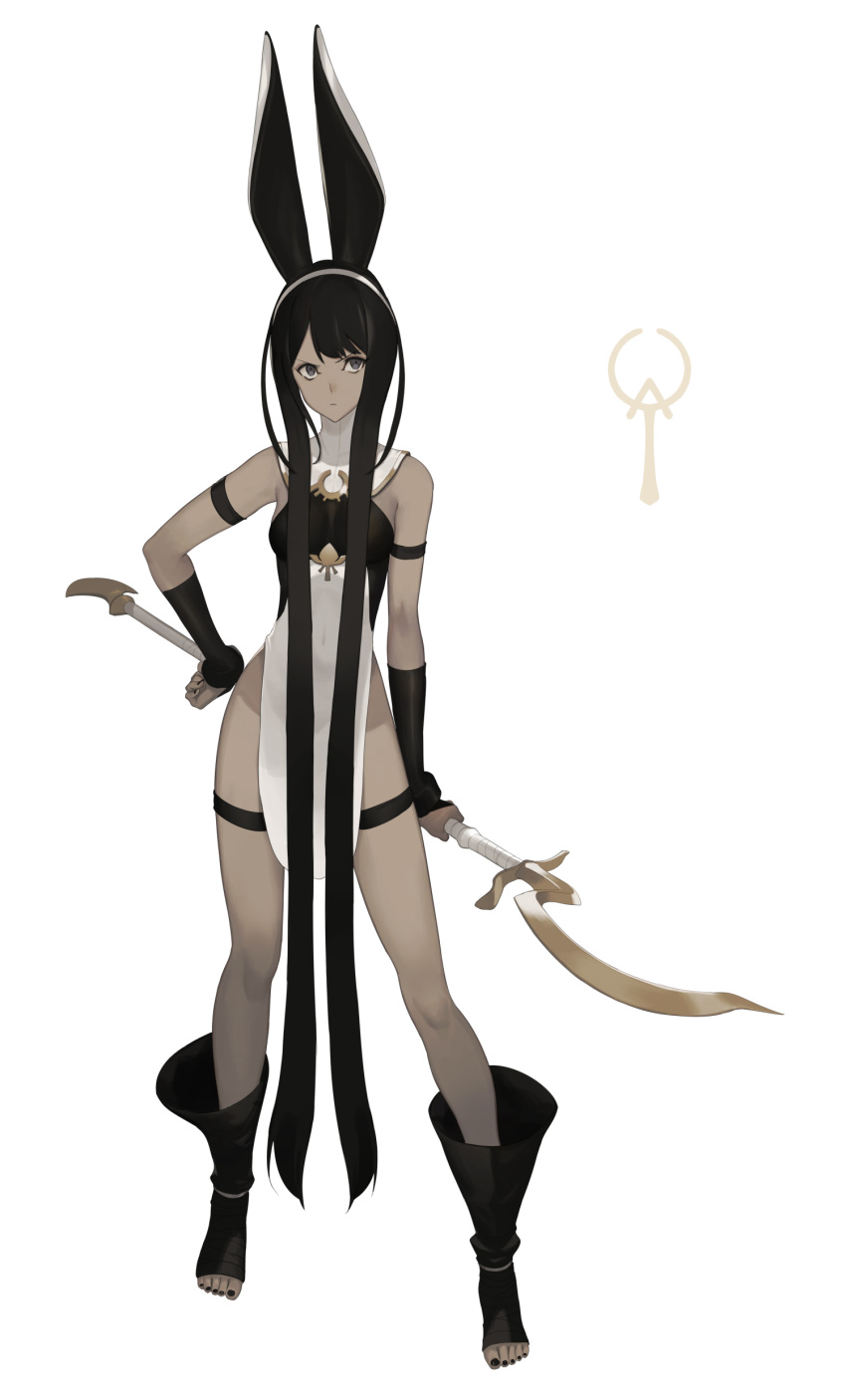 1girl absurdres animal_ears ankle_boots arm_strap bare_shoulders black_footwear black_hair boots breasts closed_mouth covered_navel dark_skin detached_sleeves frown full_body grey_eyes hairband hand_on_hip highres holding holding_scythe jackal_ears km_yama long_hair looking_at_viewer no_panties original pelvic_curtain scythe short_hair_with_long_locks sidelocks simple_background small_breasts solo standing toeless_boots very_long_hair white_background white_hairband