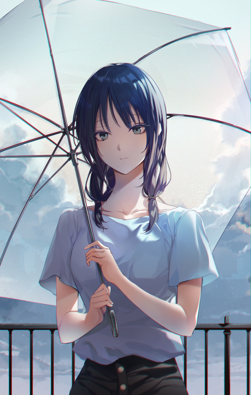 1girl absurdres backlighting black_hair black_pants breasts buttons closed_mouth clouds cloudy_sky commentary_request cowboy_shot day expressionless hair_between_eyes highres holding holding_umbrella long_hair looking_at_viewer low_twintails matsunaga777 medium_breasts outdoors pants railing shirt shirt_tucked_in short_sleeves sky solo standing sunlight tamura_yuri transparent transparent_umbrella twintails umbrella watashi_ga_motenai_no_wa_dou_kangaetemo_omaera_ga_warui! white_shirt