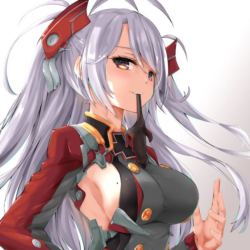 1girl antenna_hair armpit_cutout azur_lane bangs blush breasts brown_eyes clothing_cutout eyebrows_visible_through_hair glove_in_mouth gloves hair_between_eyes hand_up headgear highres iron_cross large_breasts leotard long_hair long_sleeves looking_at_viewer mole mole_on_breast mouth_hold multicolored_hair parted_lips prinz_eugen_(azur_lane) redhead silver_hair smile solo streaked_hair two_side_up very_long_hair watarui