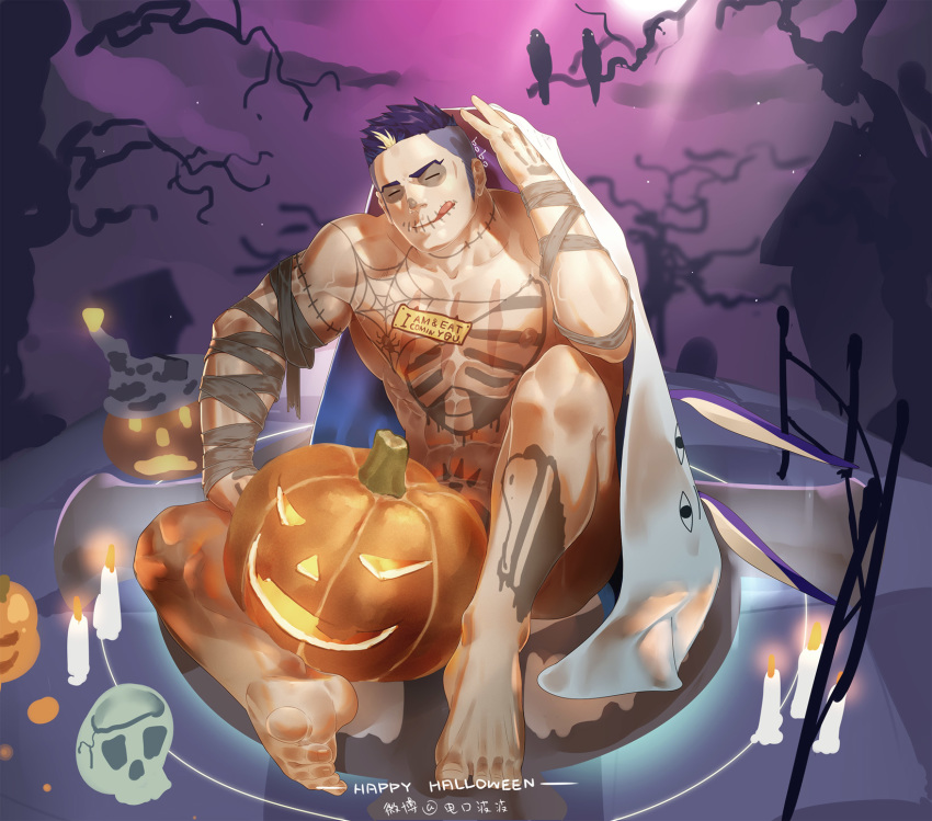1boy abs bara bird candle censored chest closed_eyes commentary_request crow elec_bobo fate/grand_order fate_(series) fergus_mac_roich_(fate/grand_order) full_body halloween halloween_costume highres jack-o'-lantern looking_at_viewer male_focus medjed muscle nipples pectorals pumpkin purple_hair scar short_hair skull smile solo tattoo tongue