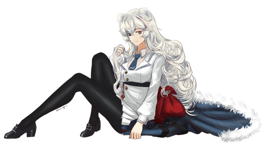 1girl animal_ears arknights bear_ears black_footwear black_legwear blue_neckwear commentary dress high_heels knees_up lim_aya_w long_hair long_sleeves necktie pantyhose rosa_(arknights) short_dress silver_hair simple_background solo very_long_hair white_background white_dress