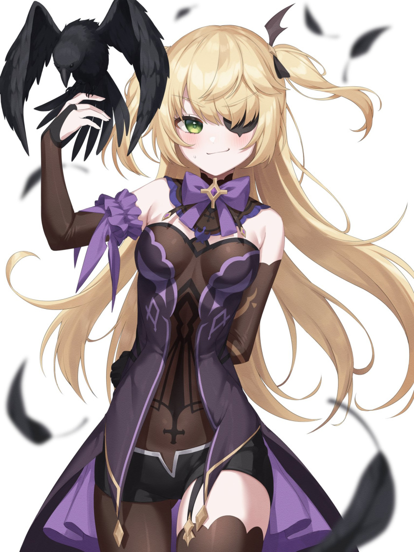 &gt;:) 1girl arm_up asymmetrical_bangs bangs bare_shoulders bird bird_on_hand black_shorts blonde_hair blush bodystocking bow bowtie breasts bridal_gauntlets brown_legwear closed_mouth covered_navel detached_collar feathers fischl_(genshin_impact) genshin_impact green_eyes highres long_hair looking_at_viewer medium_breasts purple_bow purple_neckwear short_shorts shorts simple_background single_thighhigh smile solo thigh-highs two_side_up very_long_hair white_background xiho_(suna)