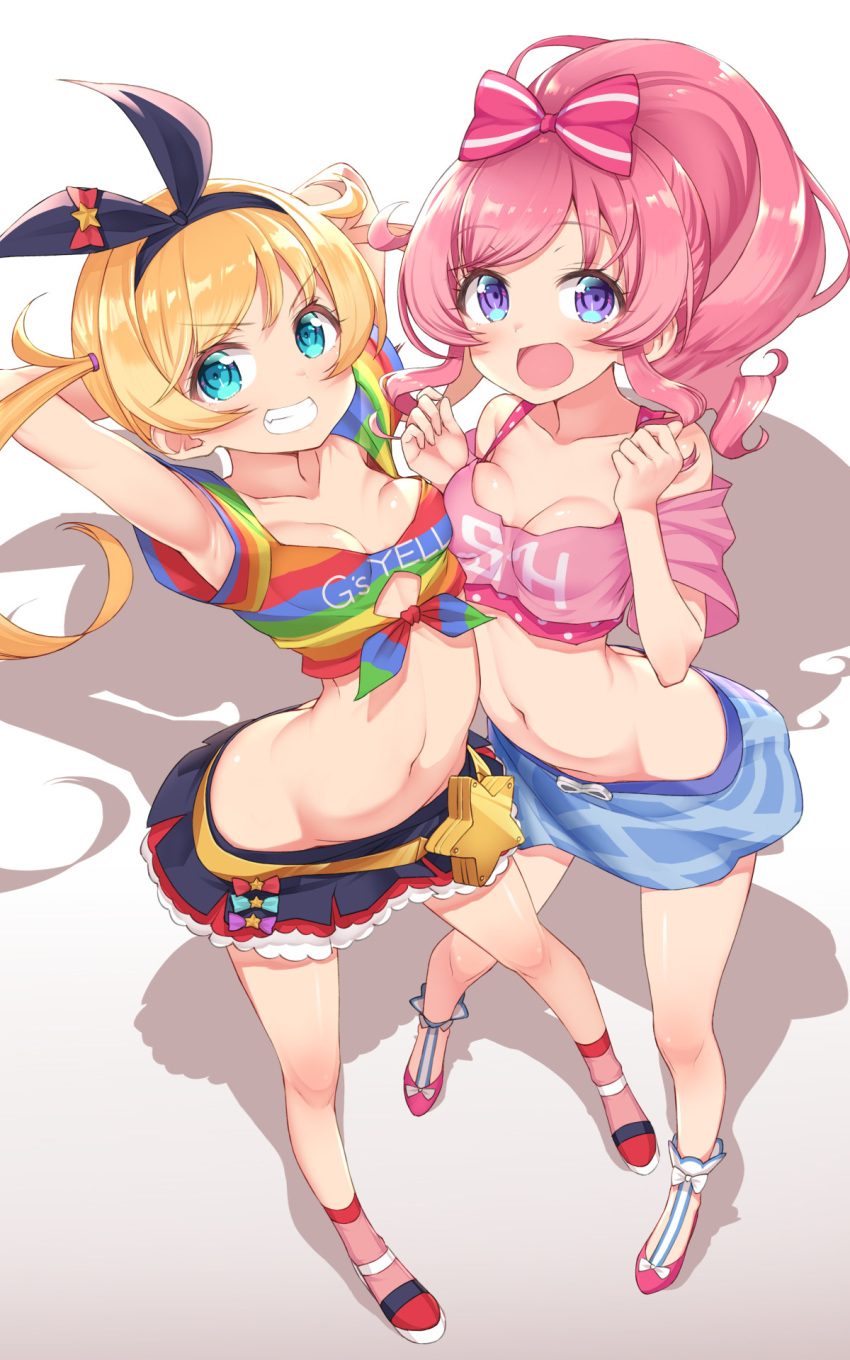 2girls aqua_eyes arched_back armpits arms_behind_head ass asymmetrical_docking baakurou bare_legs bare_shoulders blonde_hair bow bra bra_strap breast_press breasts breasts_apart collarbone crop_top crotch eyebrows_visible_through_hair foreshortening from_above full_body grin hairband highres kiratto_pri_chan lace-trimmed_skirt lace_trim layered_skirt long_hair looking_at_viewer lowleg lowleg_skirt midriff moegi_emo momoyama_mirai multiple_girls navel open_mouth pink_bow pink_bra pink_hair pink_shirt polka_dot ponytail pretty_(series) shadow shirt simple_background skirt small_breasts smile star-shaped_box star_(symbol) tied_shirt twintails underwear violet_eyes