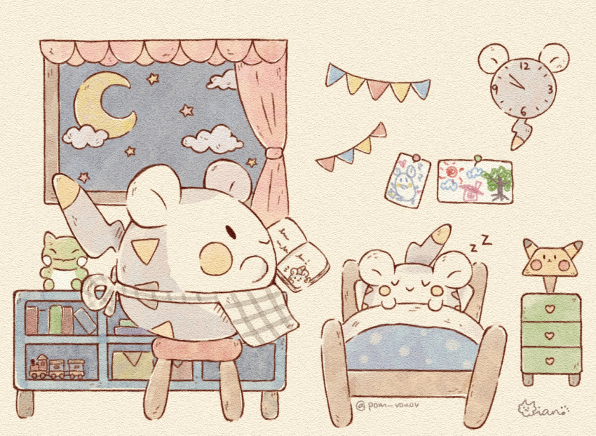 :&gt; apron bed black_eyes book clock clouds commentary_request curtains drawer gen_1_pokemon gen_7_pokemon indoors mian_(user_kwcj2833) moon night no_humans picture_(object) pikachu pokemon pokemon_(creature) signature sitting sleeping solid_oval_eyes star_(sky) stool substitute_(pokemon) togedemaru toy_train under_covers waist_apron watermark window zzz