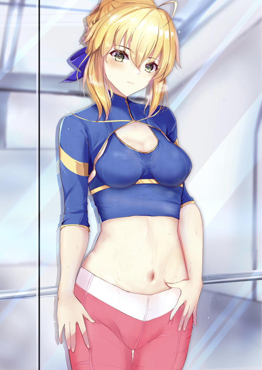 1girl absurdres ahoge artoria_pendragon_(all) blonde_hair breasts fate/grand_order fate_(series) green_eyes hair_bun highres looking_at_viewer midriff pants saber sheer_clothes small_breasts smile solo yoga_pants yuki_haru