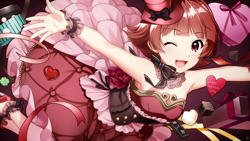 1girl ankle_cuffs bare_shoulders candy chocolate chocolate_heart commentary_request corset detached_collar dress food frilled_skirt frills hat hat_ribbon heart high_heels highres idolmaster idolmaster_million_live! looking_at_viewer mikapoe mini_hat neck_ribbon nonohara_akane one_eye_closed outstretched_arms red_dress red_eyes redhead ribbon short_hair skirt solo spread_arms strapless strapless_dress valentine wrist_cuffs