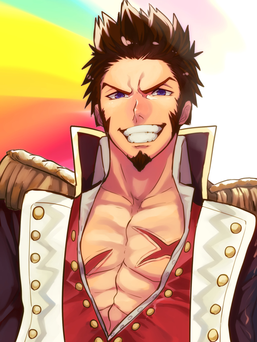 1boy abs bare_chest beard blue_eyes brown_hair buttons chest chest_scar collared_jacket epaulettes eyebrows face facial_hair fate/grand_order fate_(series) forehead furrowed_eyebrows gold_trim grin high_collar highres jacket looking_at_viewer male_focus military military_uniform multicolored multicolored_background muscle napoleon_bonaparte_(fate/grand_order) open_clothes open_jacket pectorals portrait scar short_hair simple_background smile solo spiky_hair tbm_fate teeth uniform v-shaped_eyebrows