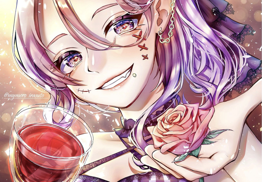 alcohol artist_name close-up cup drink drinking_glass fang fangs flower highres holding holding_drink holding_flower looking_at_viewer mymero original pink_flower pink_rose ponytail purple_hair purple_theme rose smile vampire violet_eyes wine wine_glass