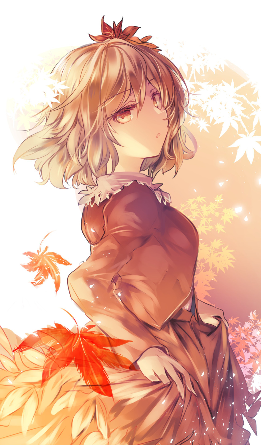 1girl absurdres aki_shizuha blonde_hair bloom breasts commentary_request dress expressionless eyebrows_visible_through_hair hair_leaf highres juliet_sleeves kutsuki_kai leaf leaf_background lifted_by_self long_sleeves looking_at_viewer looking_back maple_leaf medium_breasts orange_dress orange_eyes orange_shirt overexposure parted_lips puffy_sleeves shirt short_hair skirt skirt_lift solo touhou upper_body
