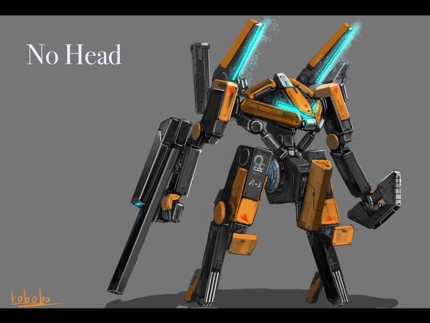 bottoms1237 english_text glowing grey_background gun highres holding holding_gun holding_weapon looking_ahead mecha no_humans original solo standing visor weapon