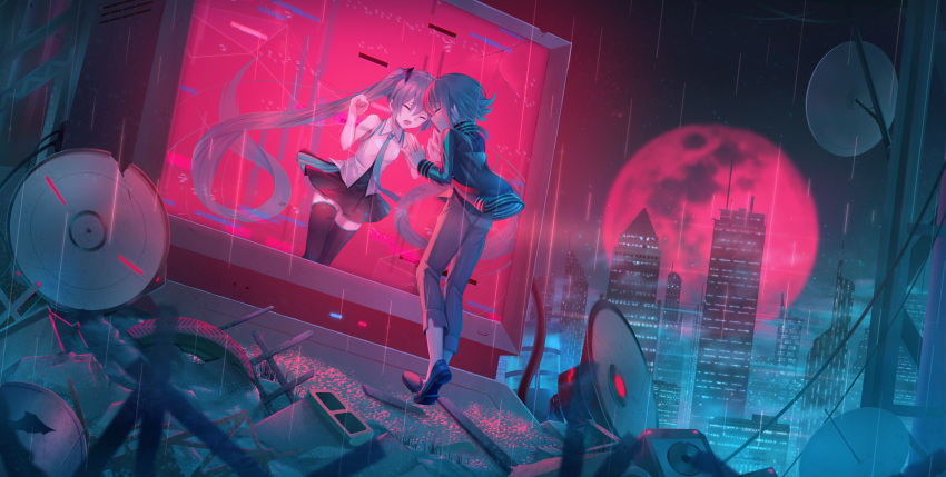 2girls aqua_hair bangs black_legwear city closed_eyes cyberpunk eyebrows_visible_through_hair green_hair gumi hair_between_eyes hatsune_miku highres long_hair moon multiple_girls necktie night pleated_skirt rain red_moon sakakidani science_fiction short_hair_with_long_locks skirt speaker thigh-highs twintails very_long_hair vocaloid