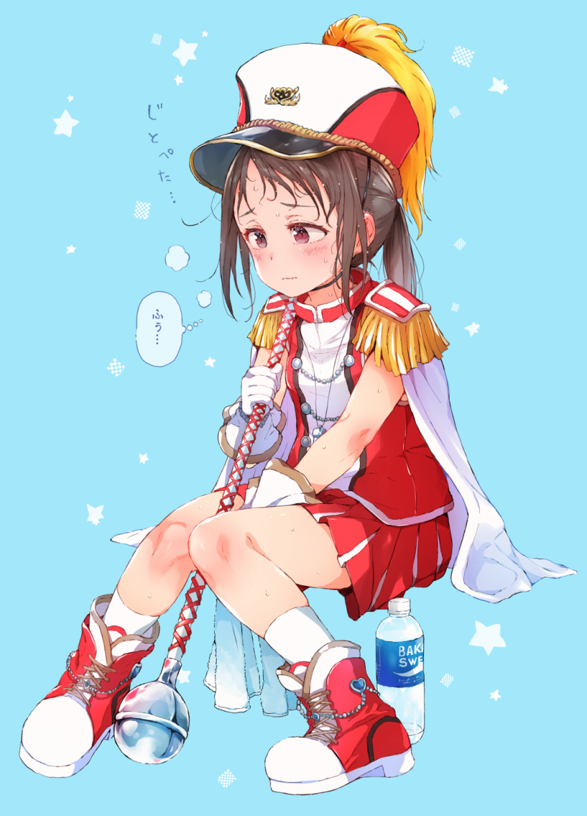 1girl bangs blue_background blush boots bottle brand_name_imitation brown_eyes brown_hair capelet closed_mouth commentary_request epaulettes full_body gloves gomennasai hat highres holding knees_together_feet_apart looking_away original pleated_skirt pocari_sweat red_footwear red_headwear red_shirt red_skirt shako_cap shirt sitting skirt sleeveless sleeveless_shirt socks solo sweat translation_request water_bottle wavy_mouth white_capelet white_gloves white_legwear