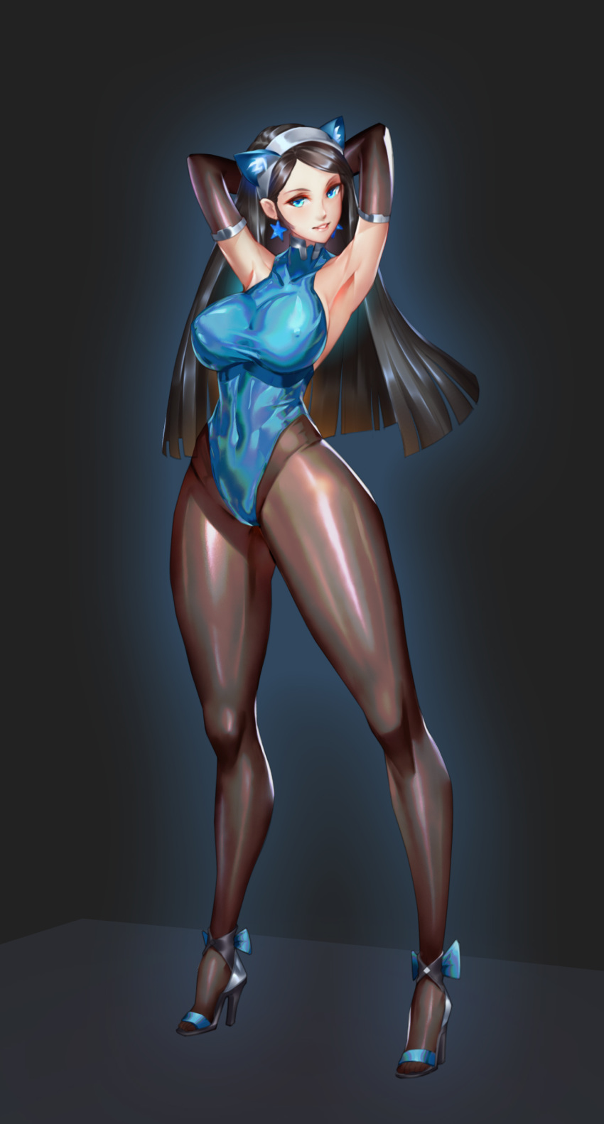 1girl absurdres animal_ears arms_behind_head arms_up black_hair blue_eyes blue_leotard breasts commentary_request covered_collarbone covered_navel covered_nipples dark_night_(darkotl) earrings elbow_gloves fake_animal_ears full_body gloves hairband high_heels highres jewelry leotard long_hair looking_at_viewer medium_breasts original pantyhose parted_lips shiny shiny_clothes shiny_hair skin_tight sleeveless smile standing star_(symbol) star_earrings