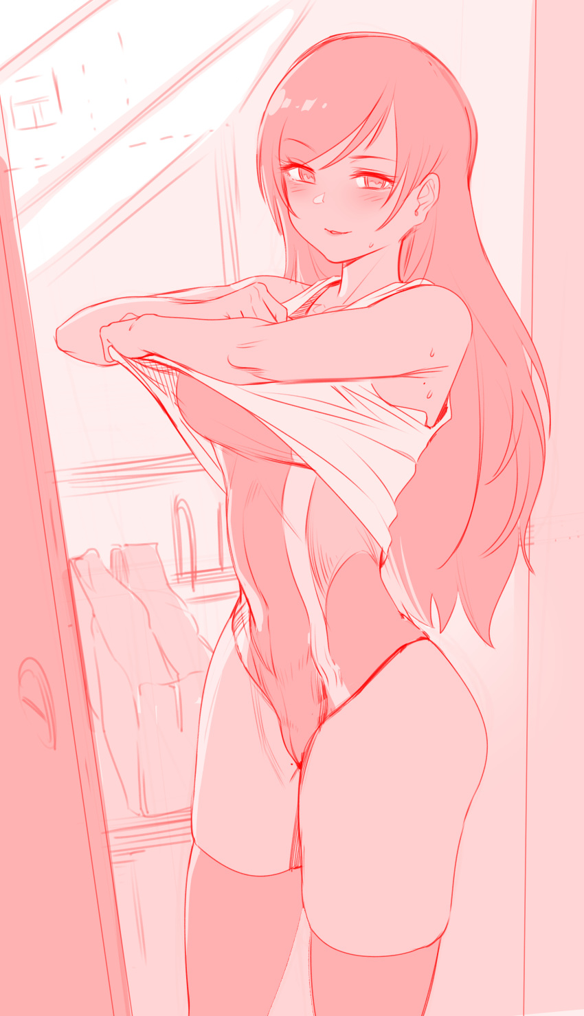 1girl absurdres blush competition_swimsuit highres idolmaster idolmaster_cinderella_girls jin_rou long_hair looking_at_viewer monochrome nitta_minami one-piece_swimsuit shirt_lift sketch smile solo standing swimsuit thigh-highs