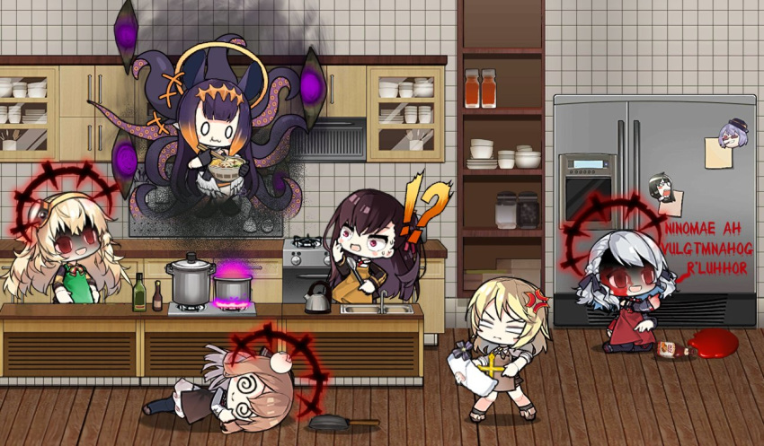 !? 6+girls :3 affliction_(darkest_dungeon) alternate_costume anger_vein apron bangs black_ribbon blonde_hair bottle bowl brown_hair cabinet chibi chopsticks cigar cooking cross crossed_legs crossover cupboard darkest_dungeon eating english_commentary faucet fire food frying_pan fur_hat girls_frontline glass_bottle gloves green_eyes hair_ornament hair_ribbon hairband hat hat_removed head_bump headwear_removed holding holding_chopsticks hololive hololive_english indoors jacket jar ketchup kettle knife lid long_hair long_sleeves m1903_springfield_(girls_frontline) messy_hair multiple_girls nagant_revolver_(girls_frontline) necktie ninomae_ina'nis noodles o_o one_side_up open_mouth oven plate possessed pot purple_hair r'lyeh red_eyes refrigerator ribbon s.a.t.8_(girls_frontline) shelf shirt sidelocks silver_hair sink smile spas-12_(girls_frontline) spatula spiral_eyes spoon stove summoning tentacles the_mad_mimic thompson_(girls_frontline) tile_wall tiles translated ventilation_shaft very_long_hair virtual_youtuber wa2000_(girls_frontline) white_headwear white_jacket white_shirt wooden_floor writing_on_wall