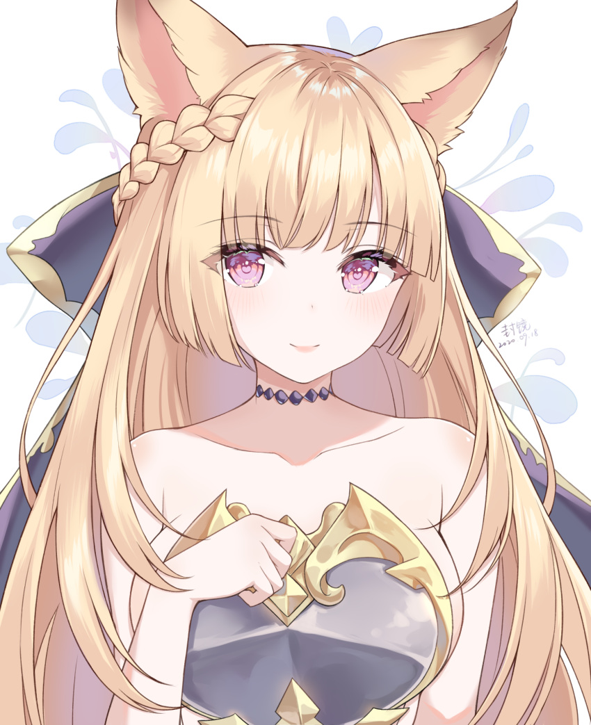 1girl animal_ears artist_name bangs bare_shoulders blonde_hair blunt_bangs blush braid breastplate breasts choker closed_mouth collarbone commentary_request dated erune eyebrows_visible_through_hair eyes_visible_through_hair fox_ears french_braid gold_trim granblue_fantasy hand_on_own_chest heart heart-shaped_pupils highres large_breasts long_hair looking_at_viewer pink_eyes ro_esfera simple_background smile solo symbol-shaped_pupils tied_hair upper_body white_background yuisis_(granblue_fantasy)
