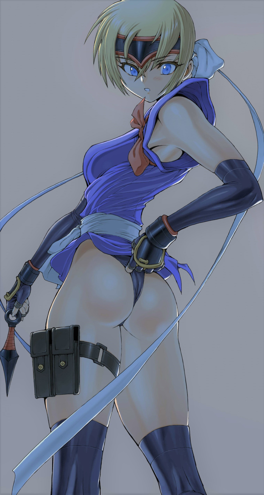 1girl absurdres adjusting_clothes adjusting_panties ass bangs bare_shoulders black_legwear black_panties blonde_hair blue_eyes blush breasts commentary_request elbow_gloves eyebrows_visible_through_hair fingerless_gloves gloves grey_background highres holding holster japanese_clothes kunai logan0241 looking_at_viewer looking_back martial_champion medium_breasts ninja panties parted_lips racheal simple_background sleeveless solo thigh-highs thigh_holster thighs thong underwear weapon