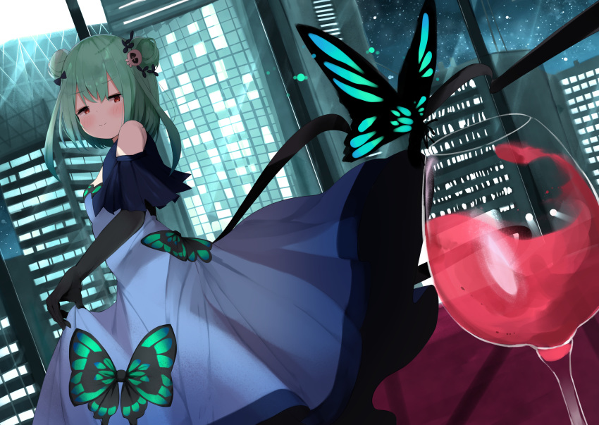 1girl adapted_costume alcohol animal_print bare_shoulders black_gloves blue_dress blush bug butterfly butterfly_print city_lights cityscape closed_mouth clothing_cutout cup double_bun dress drinking_glass elbow_gloves eureka_814 feet_out_of_frame gloves green_hair hair_ornament highres hololive insect long_dress looking_at_viewer red_eyes short_hair shoulder_cutout skirt_hold skull_hair_ornament smile smug solo uruha_rushia virtual_youtuber window wine wine_glass